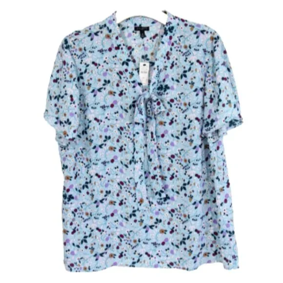 Talbots Floral Top New Women Short Sleeve Blouse V Neck Bow Shirt sz XL - Picture 1 of 11